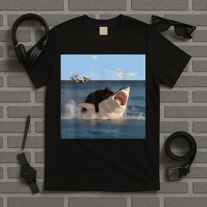 Cat Biting Shark Humorous Playful Funny Cat And Shark T-Shirt