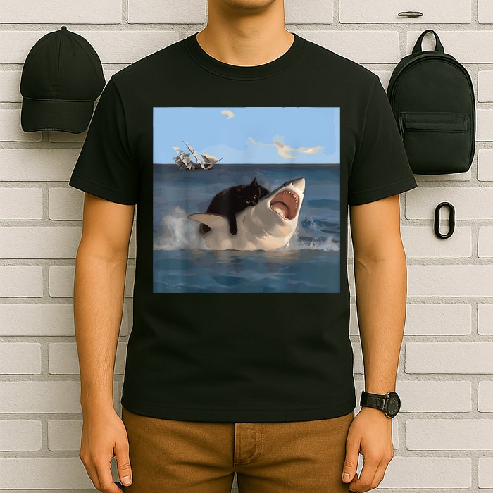 Cat Biting Shark Humorous Playful Funny Cat And Shark T-Shirt