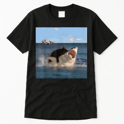 Cat Biting Shark Humorous Playful Funny Cat And Shark Tall T-Shirt