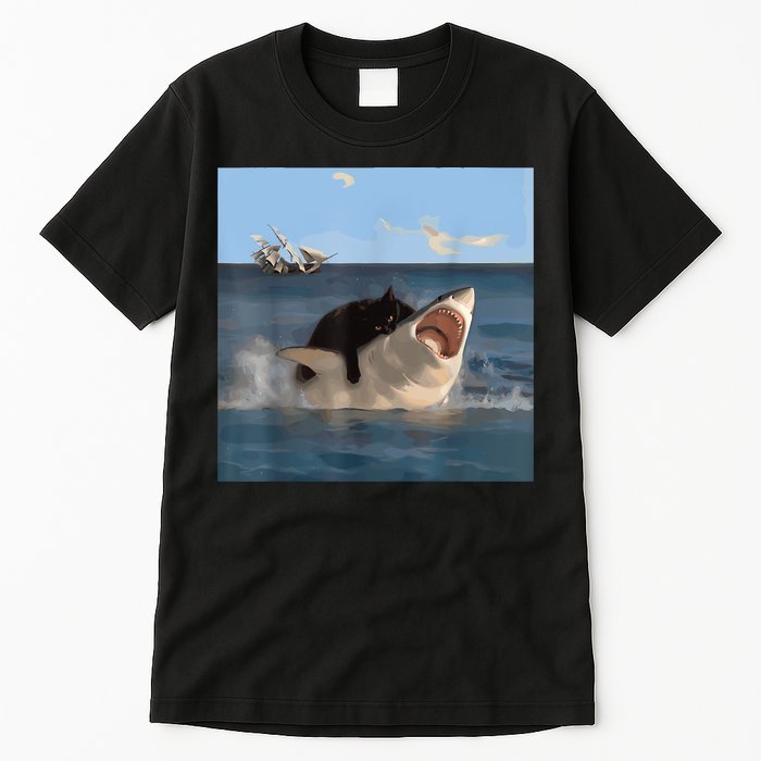 Cat Biting Shark Humorous Playful Funny Cat And Shark Tall T-Shirt