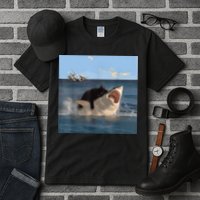 Cat Biting Shark Humorous Playful Funny Cat And Shark Tall T-Shirt