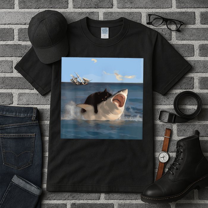 Cat Biting Shark Humorous Playful Funny Cat And Shark Tall T-Shirt