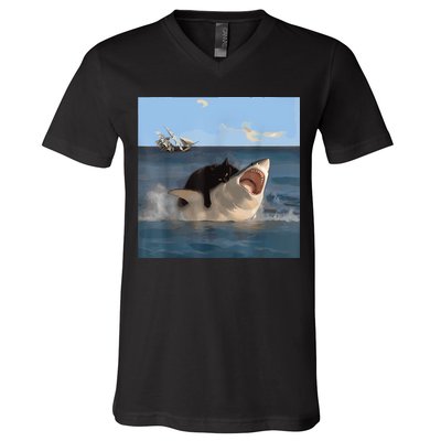 Cat Biting Shark Humorous Playful Funny Cat And Shark V-Neck T-Shirt