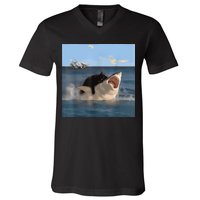 Cat Biting Shark Humorous Playful Funny Cat And Shark V-Neck T-Shirt