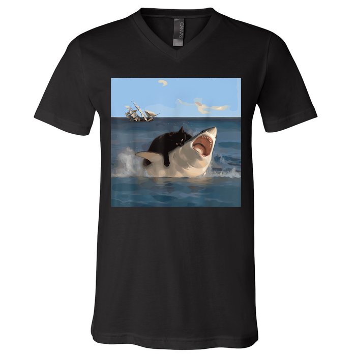 Cat Biting Shark Humorous Playful Funny Cat And Shark V-Neck T-Shirt