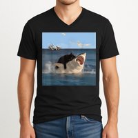 Cat Biting Shark Humorous Playful Funny Cat And Shark V-Neck T-Shirt