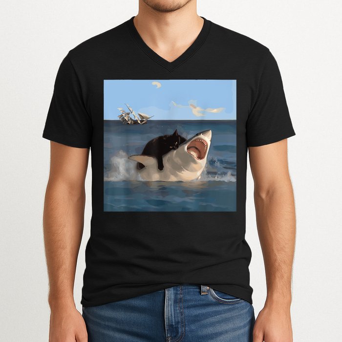Cat Biting Shark Humorous Playful Funny Cat And Shark V-Neck T-Shirt
