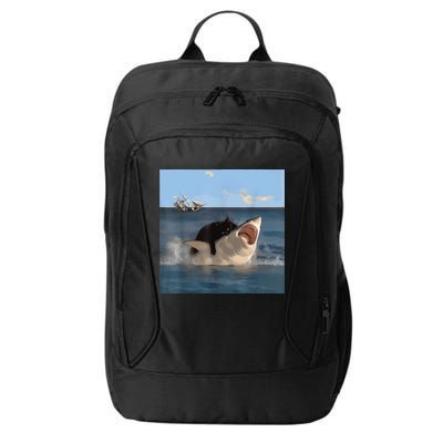 Cat Biting Shark Humorous Playful Funny Cat And Shark City Backpack