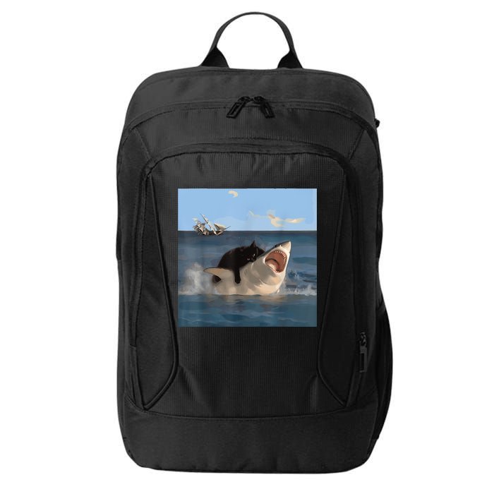 Cat Biting Shark Humorous Playful Funny Cat And Shark City Backpack