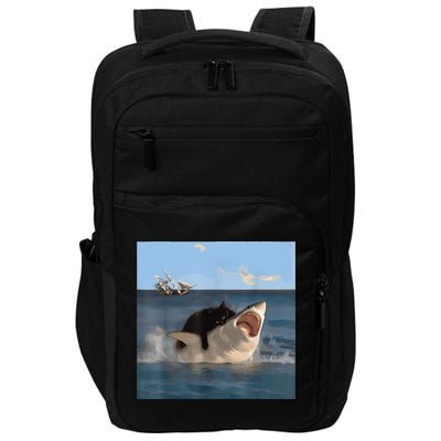 Cat Biting Shark Humorous Playful Funny Cat And Shark Impact Tech Backpack