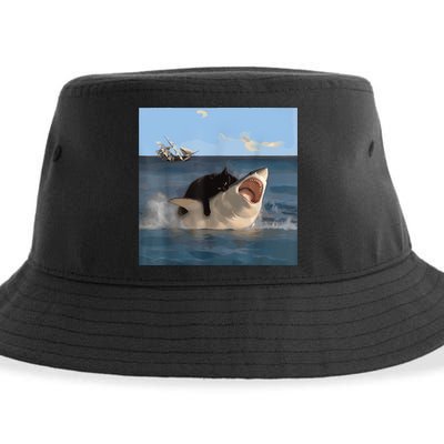 Cat Biting Shark Humorous Playful Funny Cat And Shark Sustainable Bucket Hat