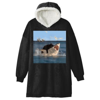 Cat Biting Shark Humorous Playful Funny Cat And Shark Hooded Wearable Blanket
