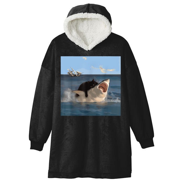 Cat Biting Shark Humorous Playful Funny Cat And Shark Hooded Wearable Blanket