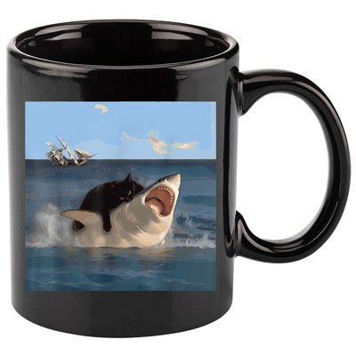 Cat Biting Shark Humorous Playful Funny Cat And Shark 11oz C Handle Ceramic Mug