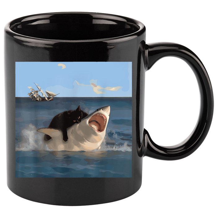 Cat Biting Shark Humorous Playful Funny Cat And Shark 11oz C Handle Ceramic Mug