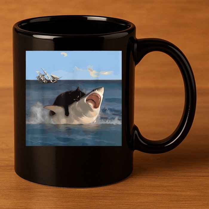 Cat Biting Shark Humorous Playful Funny Cat And Shark 11oz C Handle Ceramic Mug