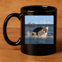 Cat Biting Shark Humorous Playful Funny Cat And Shark 11oz C Handle Ceramic Mug
