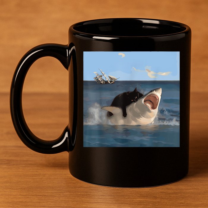 Cat Biting Shark Humorous Playful Funny Cat And Shark 11oz C Handle Ceramic Mug