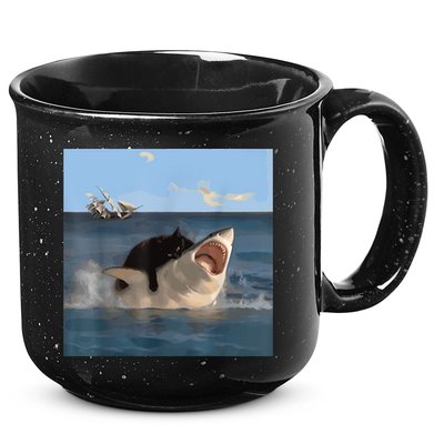 Cat Biting Shark Humorous Playful Funny Cat And Shark 15oz Campfire Ceramic Mug