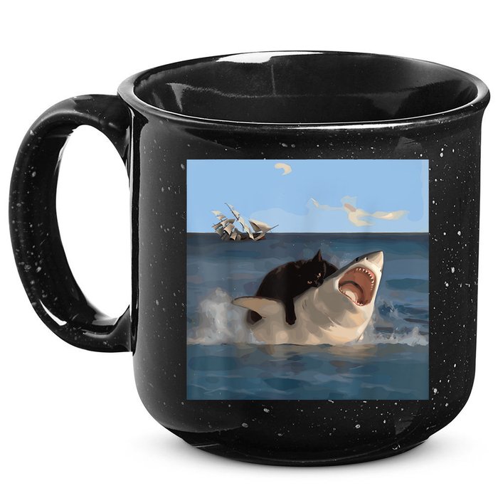 Cat Biting Shark Humorous Playful Funny Cat And Shark 15oz Campfire Ceramic Mug