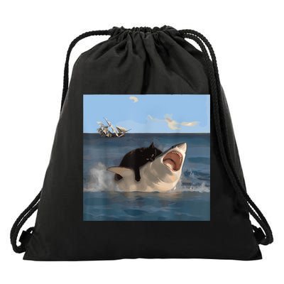 Cat Biting Shark Humorous Playful Funny Cat And Shark Drawstring Bag