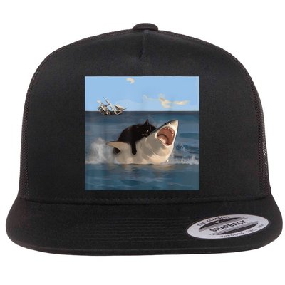 Cat Biting Shark Humorous Playful Funny Cat And Shark Flatbill Hat