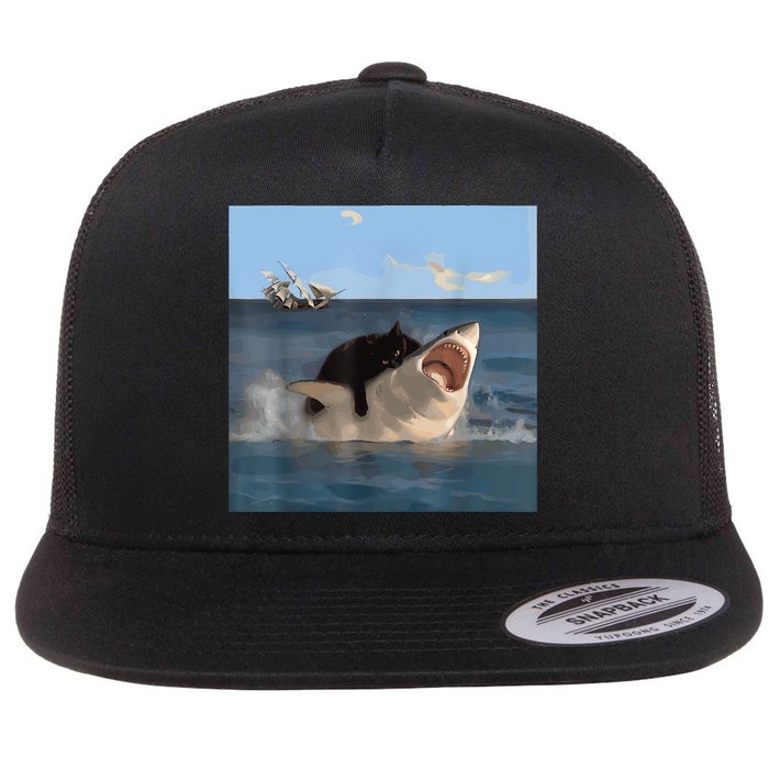 Cat Biting Shark Humorous Playful Funny Cat And Shark Flatbill Hat