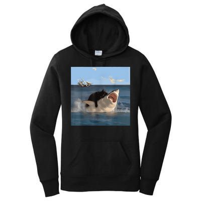 Cat Biting Shark Humorous Playful Funny Cat And Shark Women's Pullover Hoodie