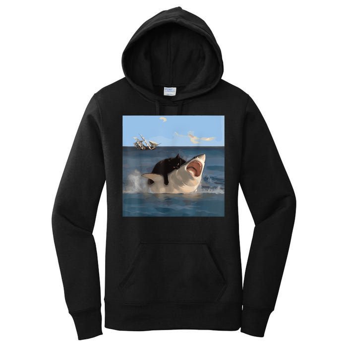 Cat Biting Shark Humorous Playful Funny Cat And Shark Women's Pullover Hoodie