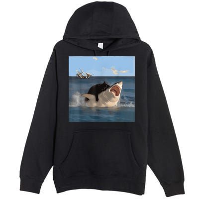 Cat Biting Shark Humorous Playful Funny Cat And Shark Premium Pullover Hoodie