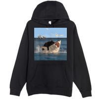 Cat Biting Shark Humorous Playful Funny Cat And Shark Premium Pullover Hoodie