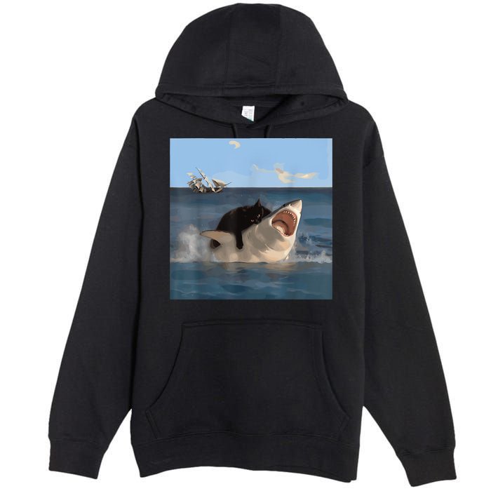 Cat Biting Shark Humorous Playful Funny Cat And Shark Premium Pullover Hoodie