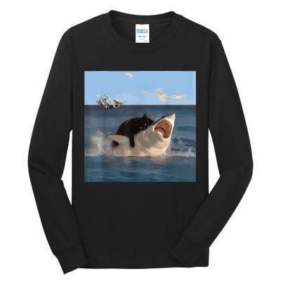 Cat Biting Shark Humorous Playful Funny Cat And Shark Tall Long Sleeve T-Shirt