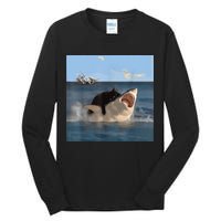 Cat Biting Shark Humorous Playful Funny Cat And Shark Tall Long Sleeve T-Shirt