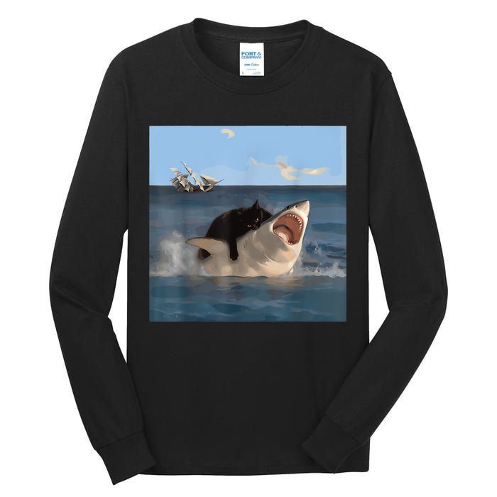 Cat Biting Shark Humorous Playful Funny Cat And Shark Tall Long Sleeve T-Shirt