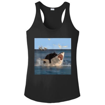 Cat Biting Shark Humorous Playful Funny Cat And Shark Ladies PosiCharge Competitor Racerback Tank