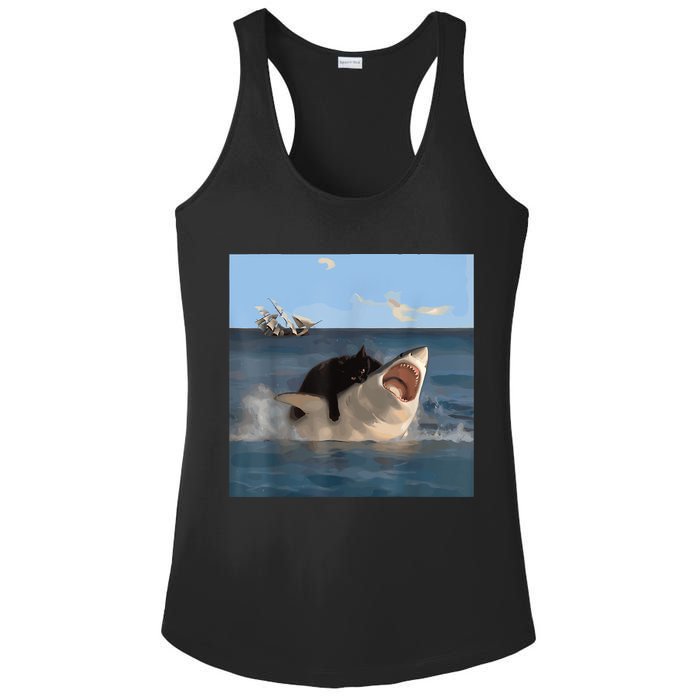 Cat Biting Shark Humorous Playful Funny Cat And Shark Ladies PosiCharge Competitor Racerback Tank