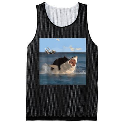 Cat Biting Shark Humorous Playful Funny Cat And Shark Mesh Reversible Basketball Jersey Tank