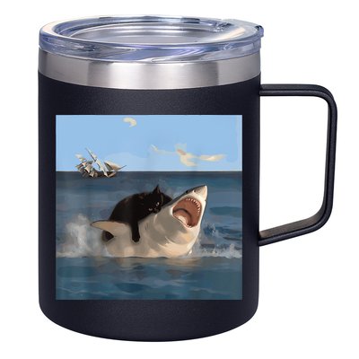 Cat Biting Shark Humorous Playful Funny Cat And Shark 12oz Stainless Steel Coffee Mug