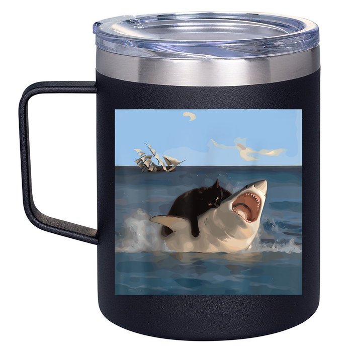 Cat Biting Shark Humorous Playful Funny Cat And Shark 12oz Stainless Steel Coffee Mug