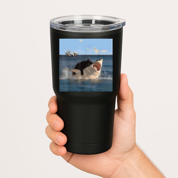 Cat Biting Shark Humorous Playful Funny Cat And Shark Tumbler