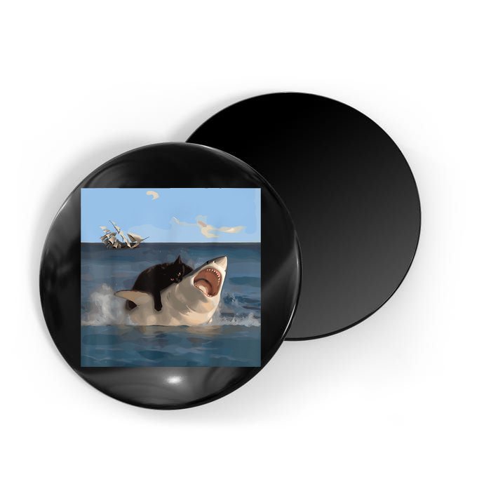 Cat Biting Shark Humorous Playful Funny Cat And Shark Magnet