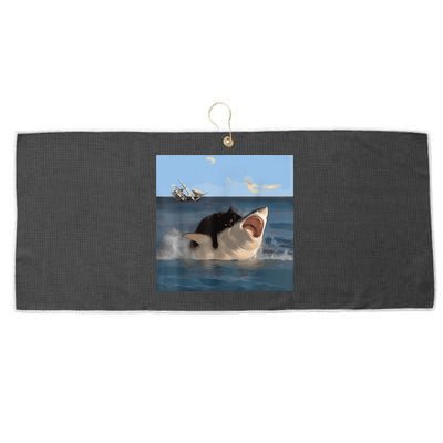 Cat Biting Shark Humorous Playful Funny Cat And Shark Large Microfiber Waffle Golf Towel