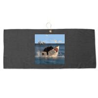 Cat Biting Shark Humorous Playful Funny Cat And Shark Large Microfiber Waffle Golf Towel