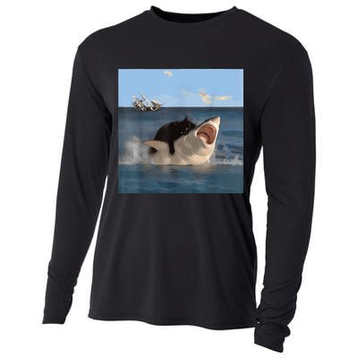 Cat Biting Shark Humorous Playful Funny Cat And Shark Cooling Performance Long Sleeve Crew