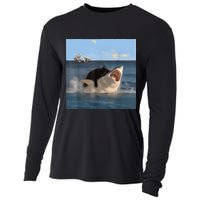 Cat Biting Shark Humorous Playful Funny Cat And Shark Cooling Performance Long Sleeve Crew