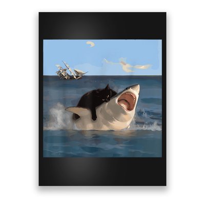 Cat Biting Shark Humorous Playful Funny Cat And Shark Poster