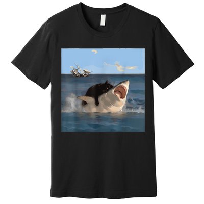 Cat Biting Shark Humorous Playful Funny Cat And Shark Premium T-Shirt