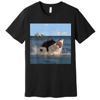 Cat Biting Shark Humorous Playful Funny Cat And Shark Premium T-Shirt
