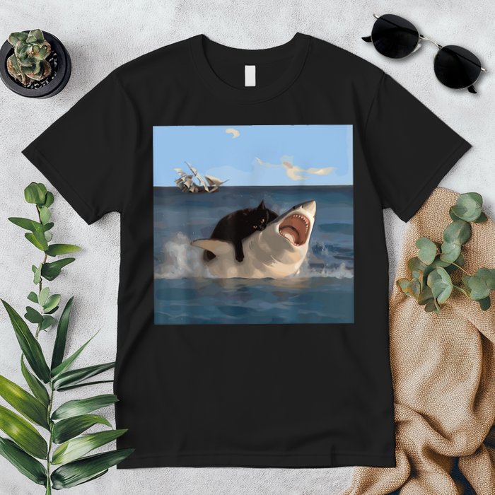 Cat Biting Shark Humorous Playful Funny Cat And Shark Premium T-Shirt
